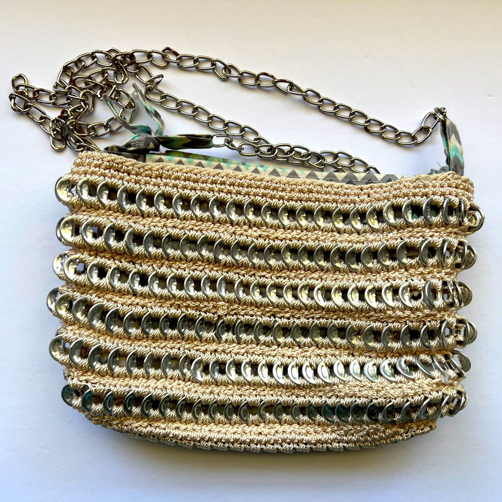 Escama Studio Pop Top Tab Crossbody Shoulder Bag Purse Silver/Beige